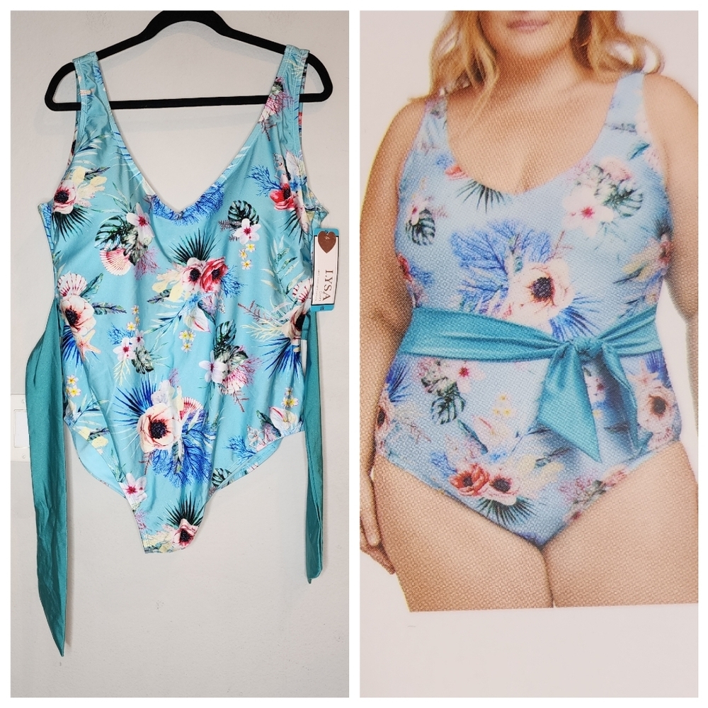 NWT Lysa Nadia Blue Floral belted one peice swimsuit size 2X‎